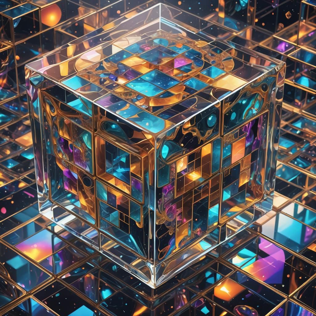 Cosmic Dreamscape in Prismatic Glass Cube