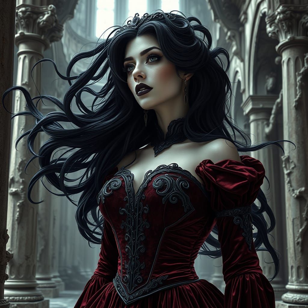 Gothic Queen Merging with Decaying Palace Architecture