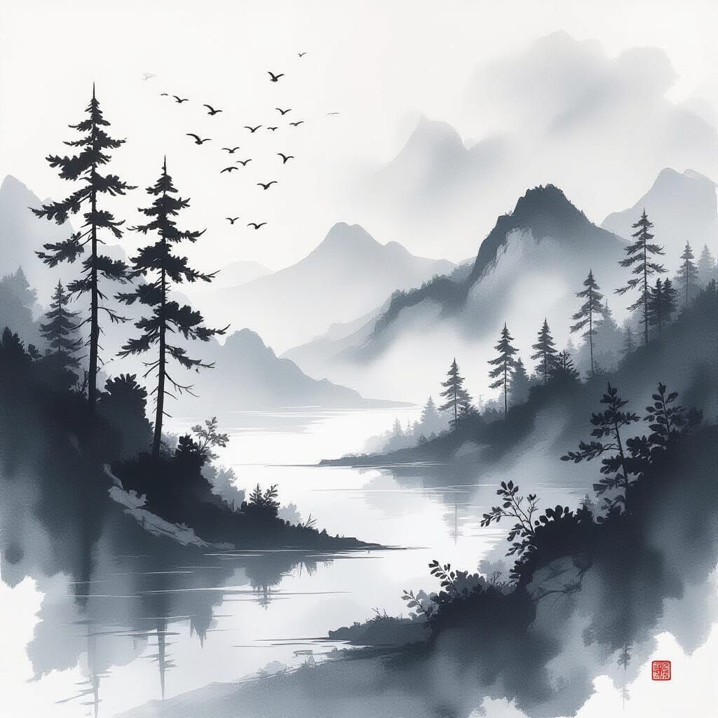 Minimalist Coastal Pines in Moody Ink Wash Style