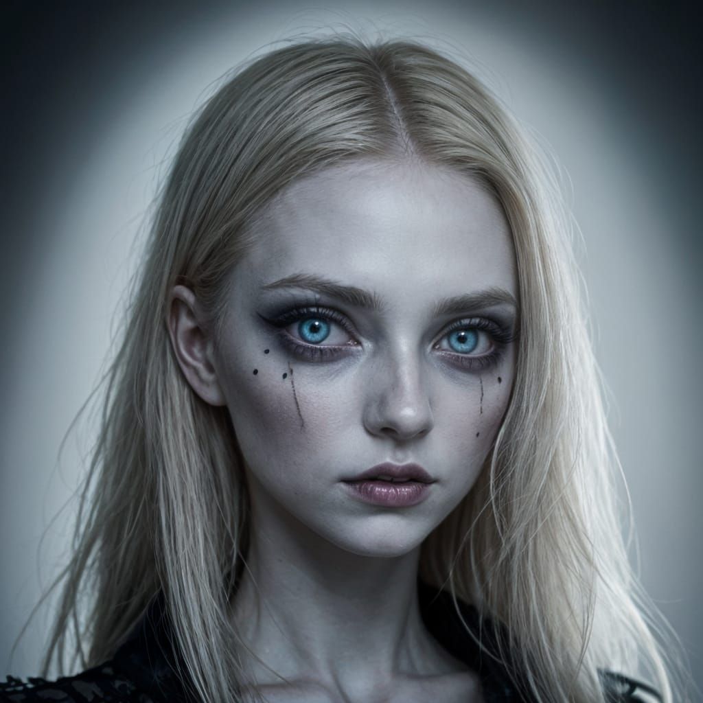 Eerie Blonde Portrait with Running Mascara in Gothic Surreal...