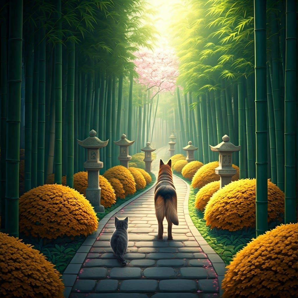 Serene Bamboo Forest Pathway in Golden Light