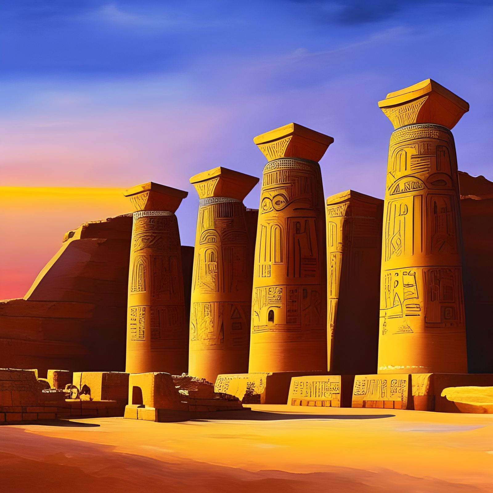 Egyptian Temple in Desert Sunrise: Gouache Watercolor
