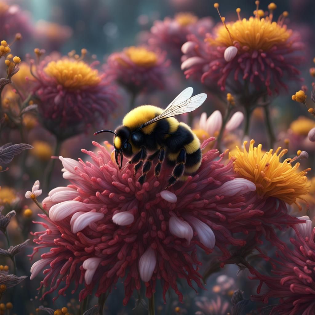 Bumble Bees on Flowers in Detailed Digital Painting