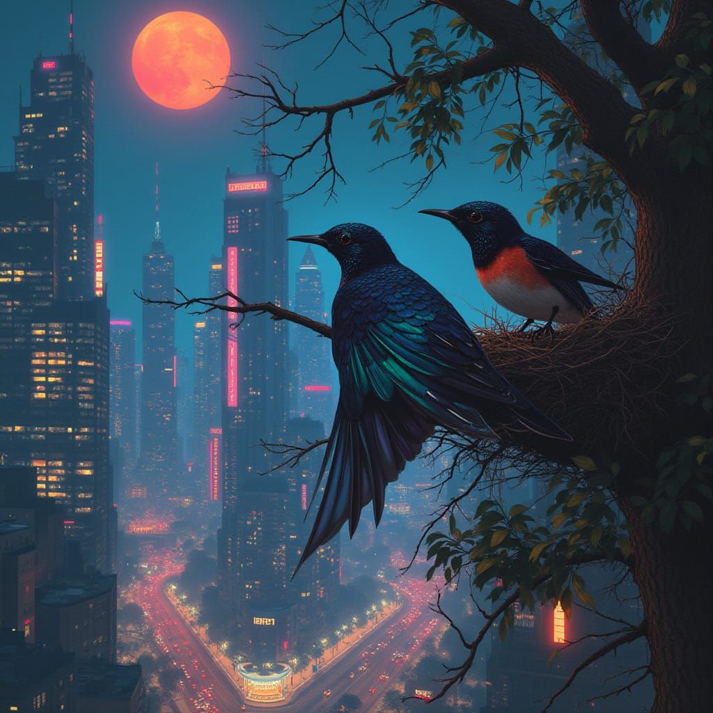 Cyberpunk House Martins Amidst Glowing Trees