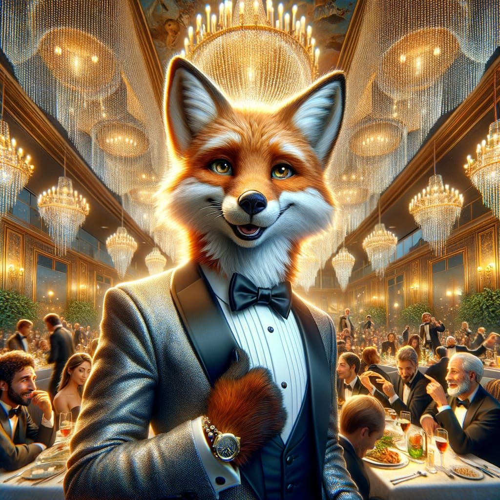 Suave Fox in Tuxedo at Extravagant Dinner Party