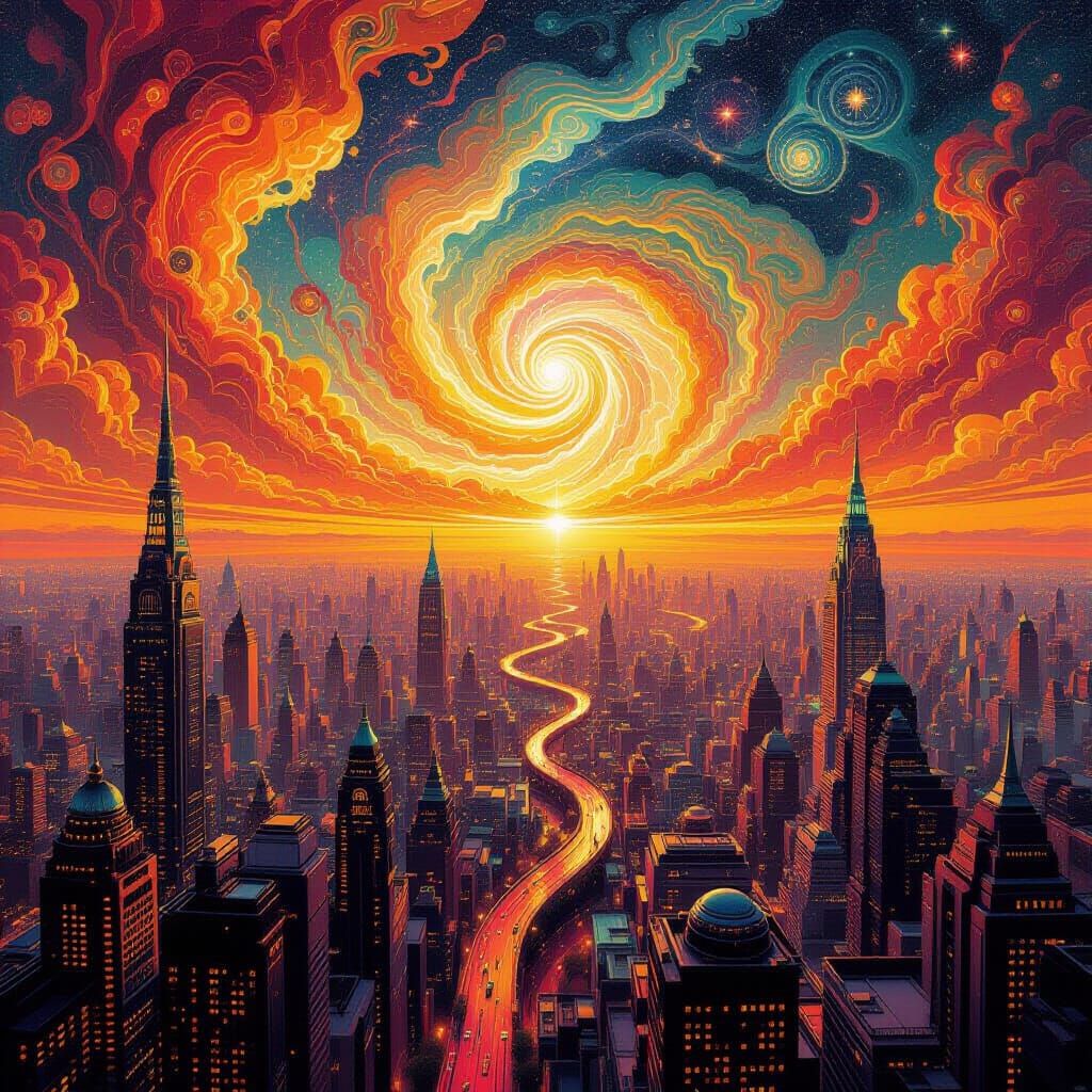 Psychedelic Cityscape With Ethereal World Above