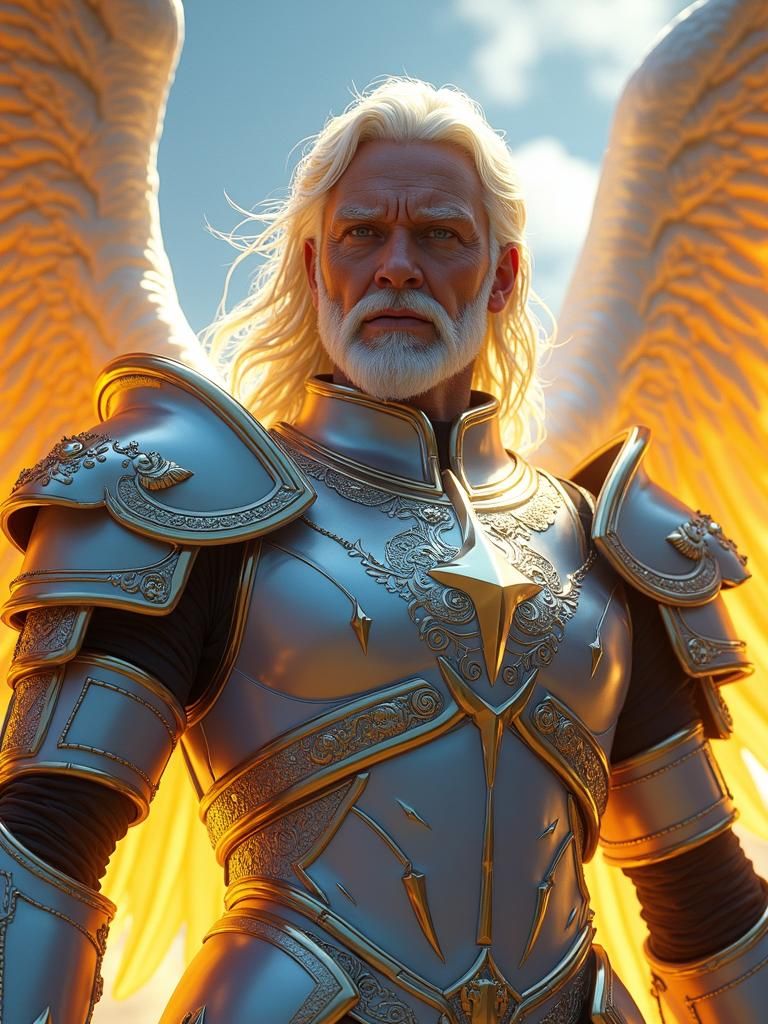 Archangel Uriel in Radiant Armor with Celestial Patterns