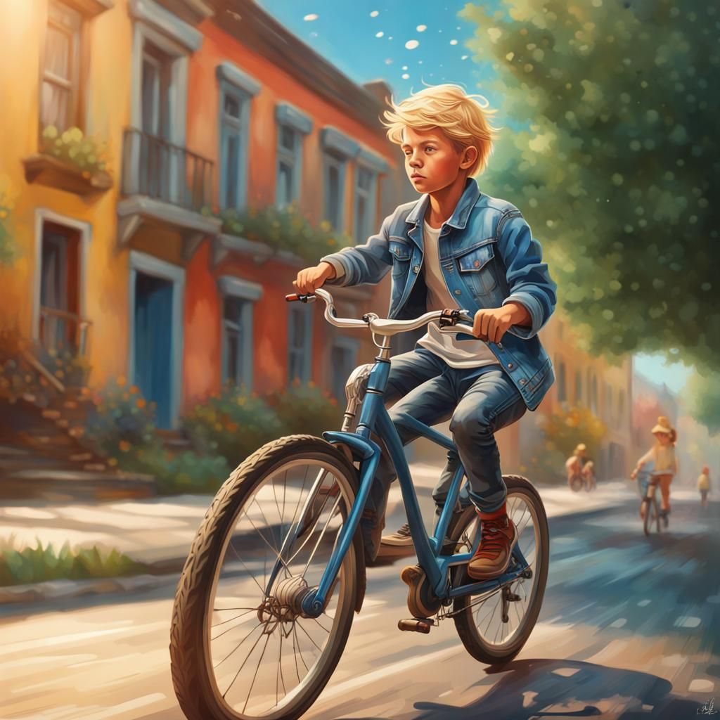 Boy on Bicycle: Hyperrealistic Splash Art