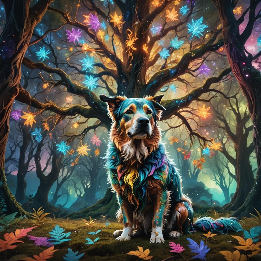 Dog Pooping in Magical Forest: Surreal Cosmic Dream