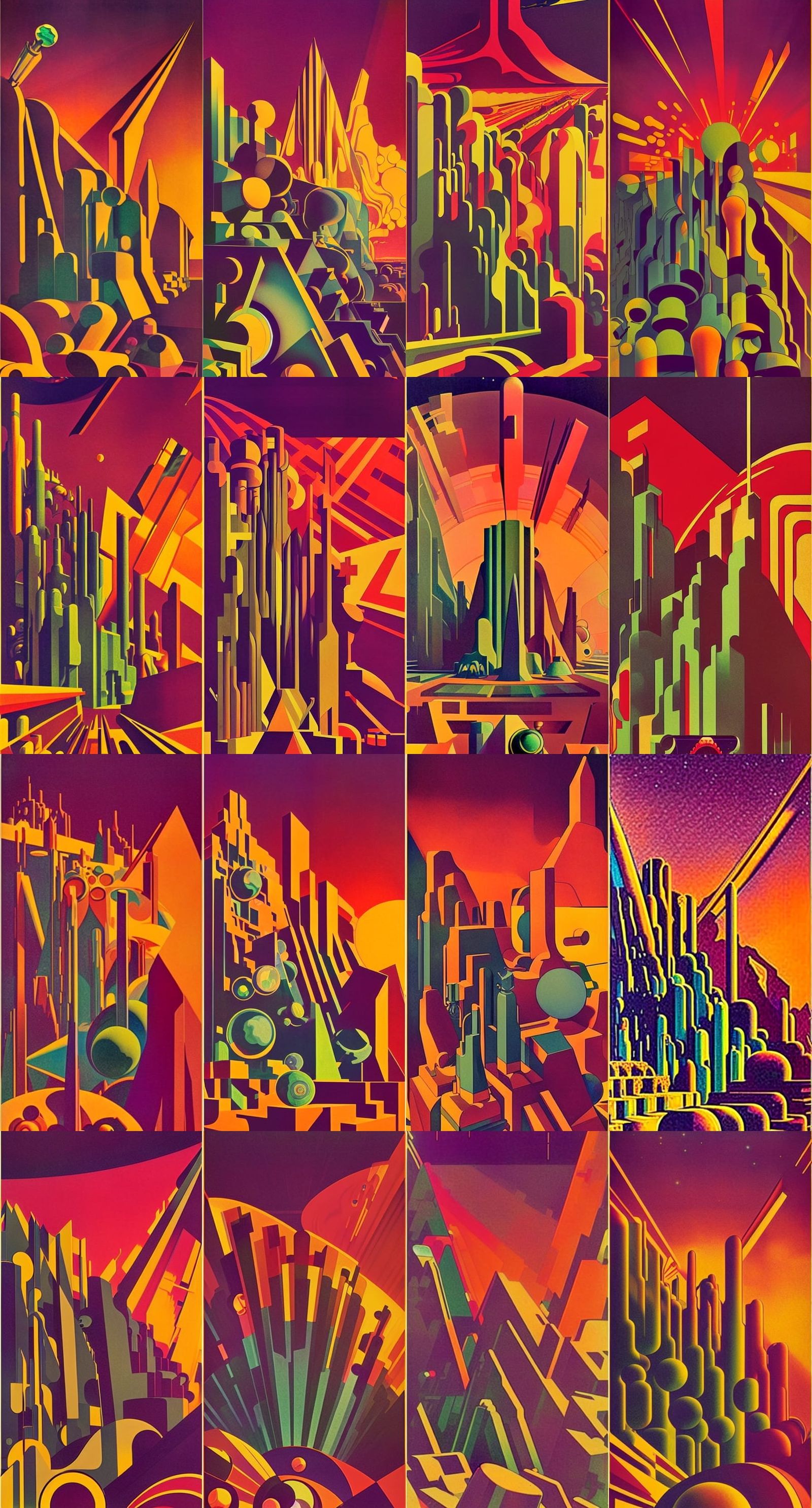 CobaltvVesuvianite Structures, Futurism Geologic Cosmic Architectonica 1920s detailed retro-psychedelic film poster by P...