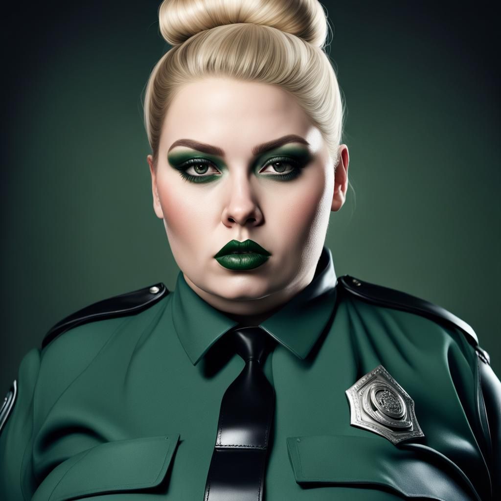 photo realistic. photo. an obese and very fat prison guard. 25 years old, she wears a guard's uniform and a baton, black...