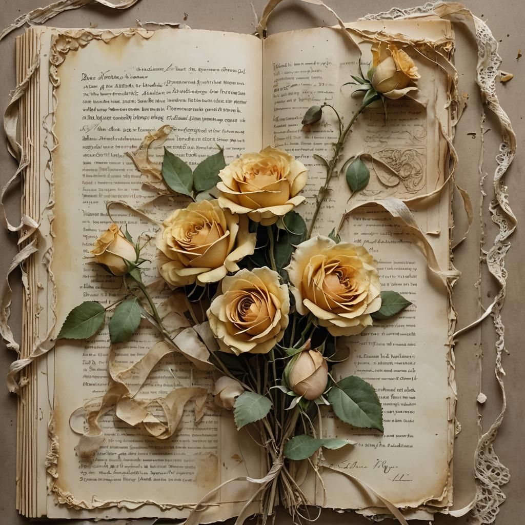 Roses on Antique Book Page in Watercolor Style