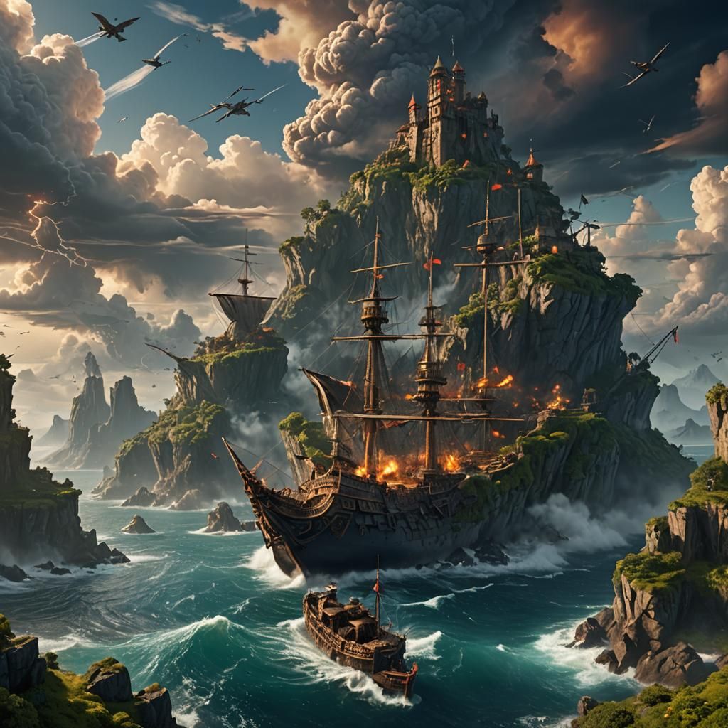 Island War Under Dramatic Sky in Matte Painting