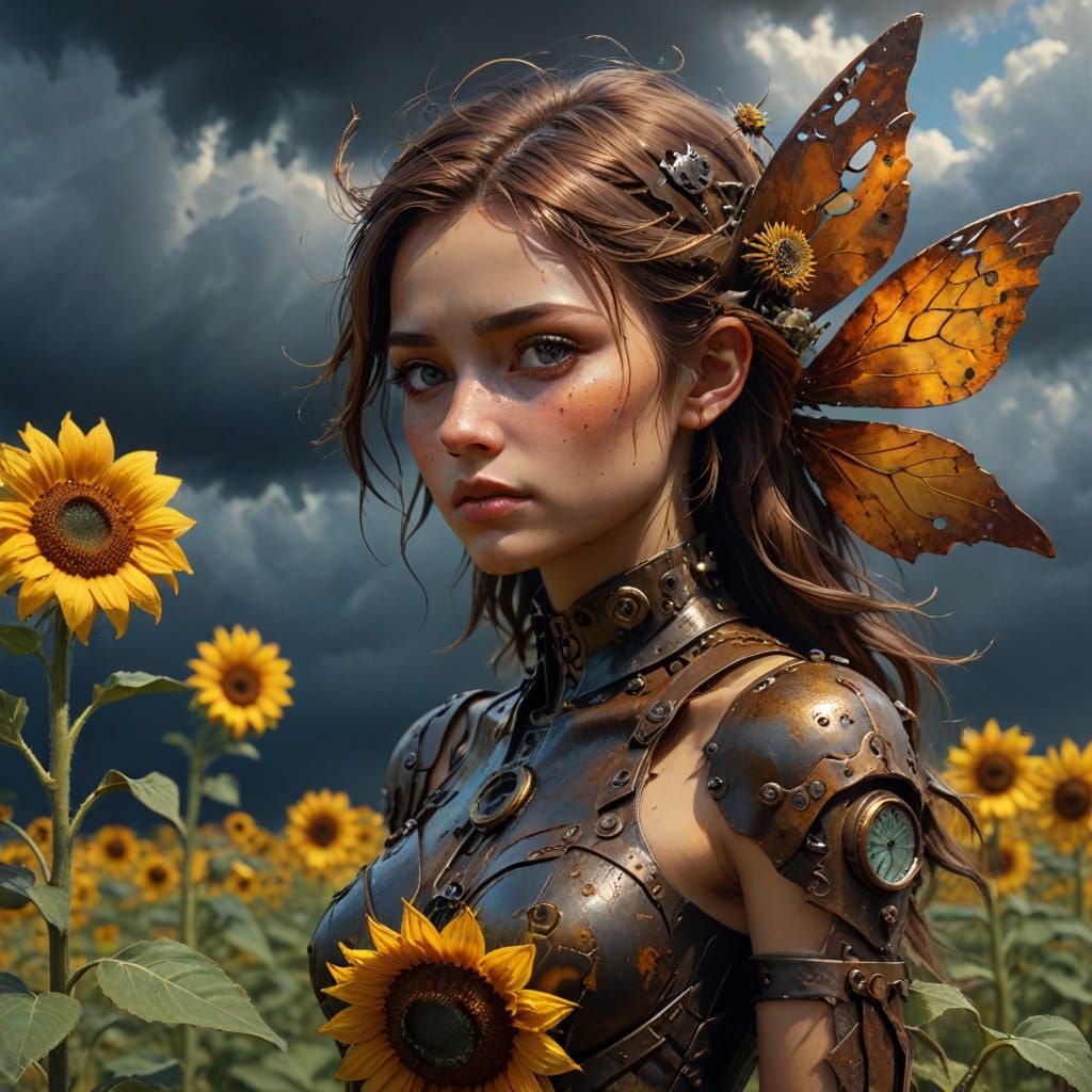 Clockwork Fairy in Sunflower Field: Ominous Oil Painting