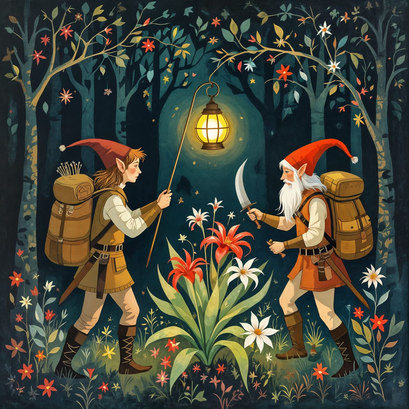 Elves Hunting Medicinal Flower in Paul Klee Style