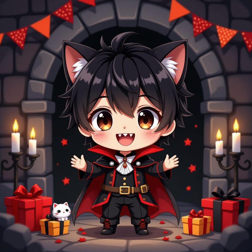 Adorable Chibi Vampire Catboy Decorates Crypt