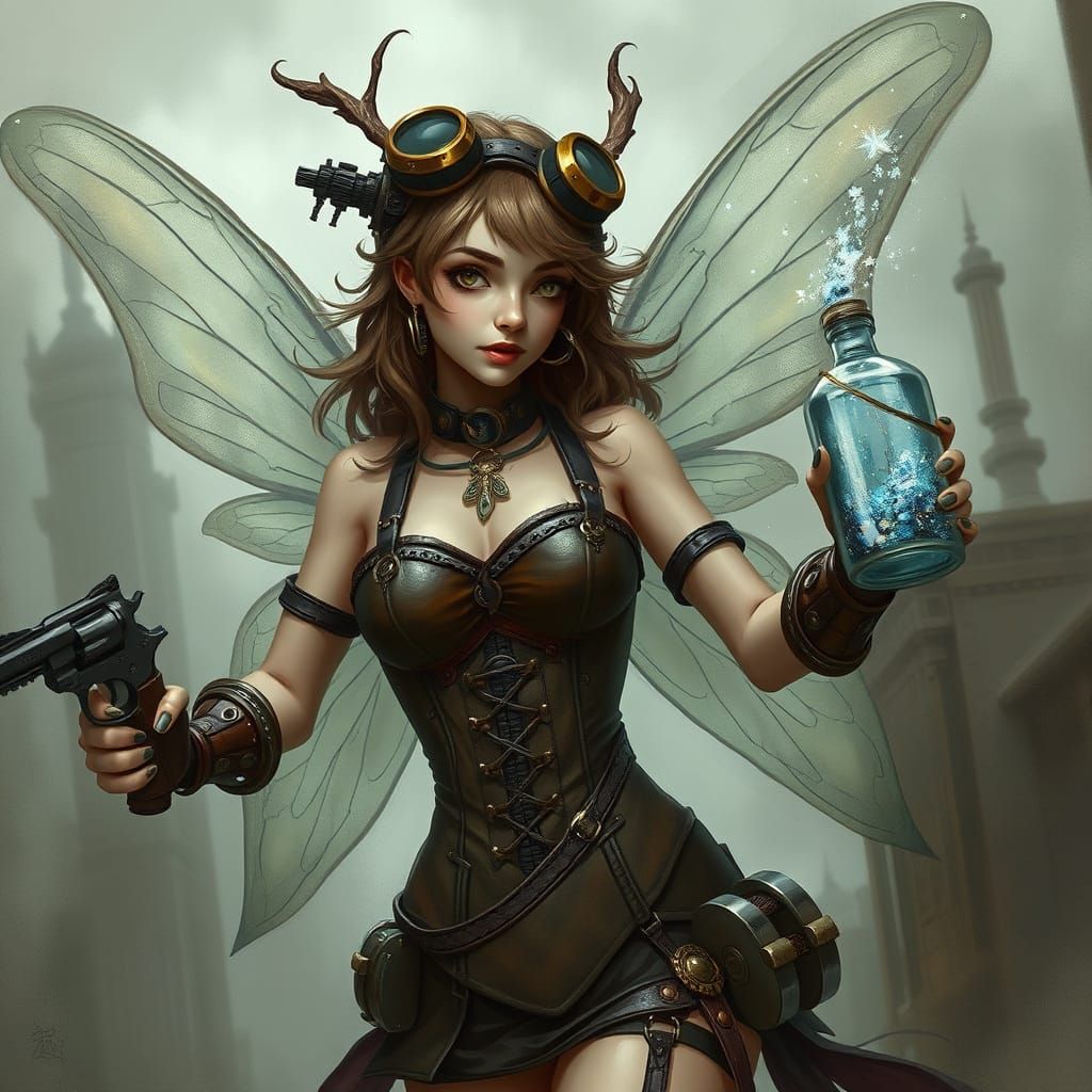 Steampunk Fairy in Dystopian World with Revolver
