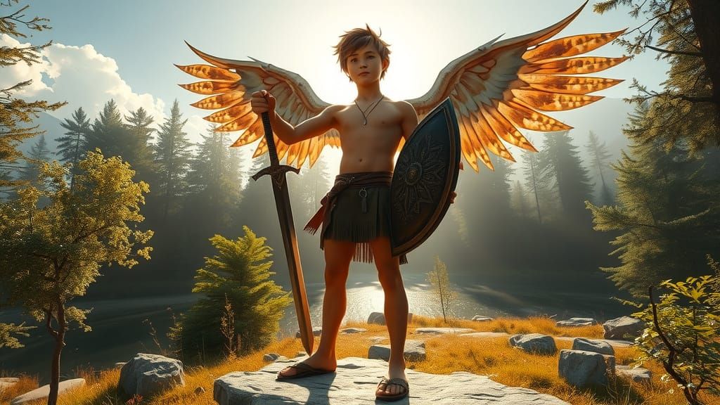 Fantasy Warrior with Wings in Summer Forest