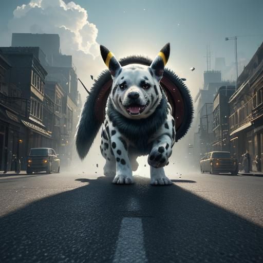 Pikachu and Dalmatian Clash in City Street