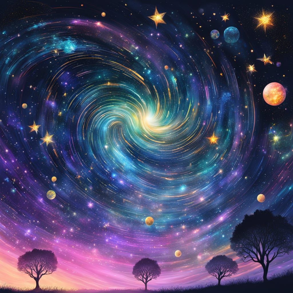 Sparkling Cosmic Sky with Swirling Galaxies