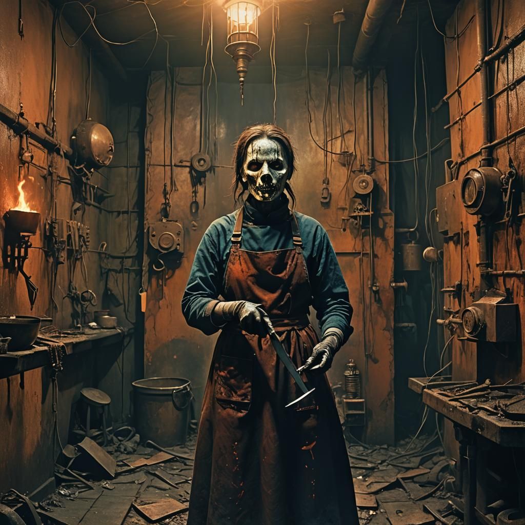 Surreal Horror: Disfigured Woman in Eerie Boiler Room