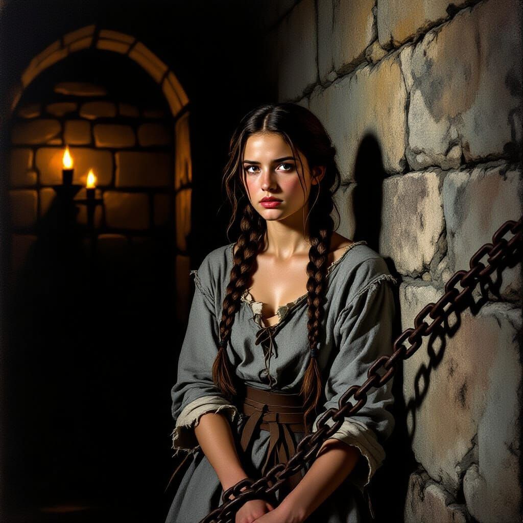 Woman in Chains, Defiant in Dim Dungeon