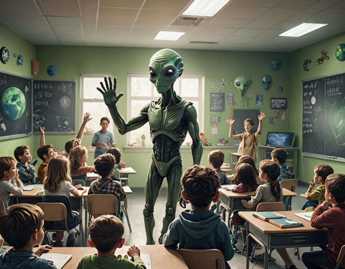 Inclusive Classroom with Alien Student Raising Hand