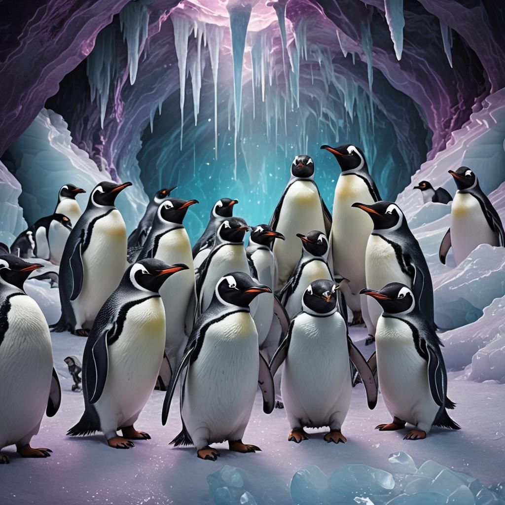 Laughing Penguins in Bioluminescent Ice Cavern