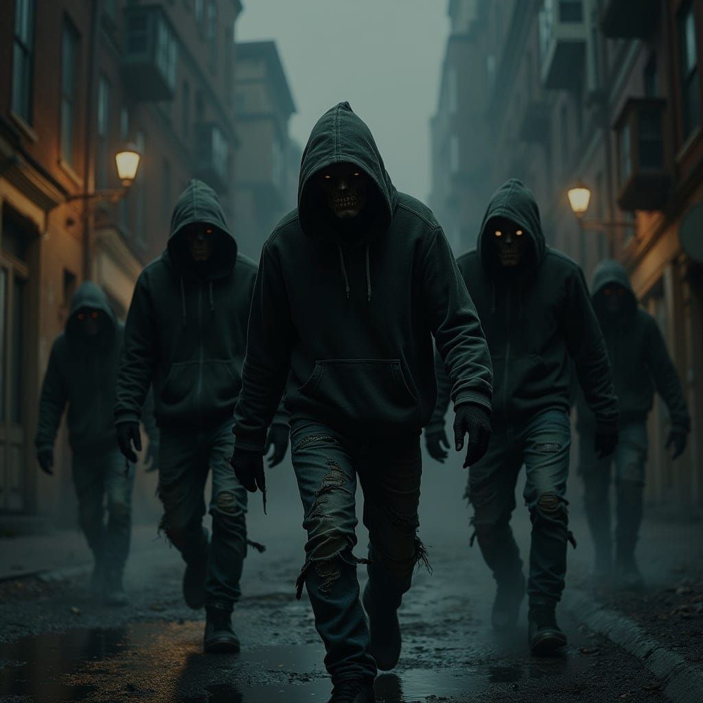 Menacing Ghouls Stalk in Gloomy Gothic Cityscape