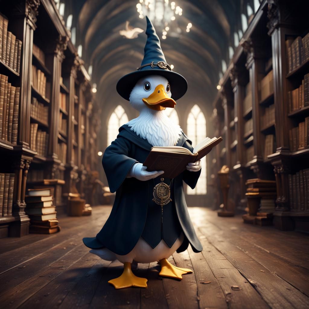 Duck Wizard in Old Library: Detailed Matte Painting