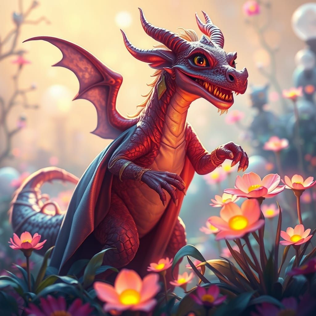 Happy Dragon Picking Flowers in Alien Garden