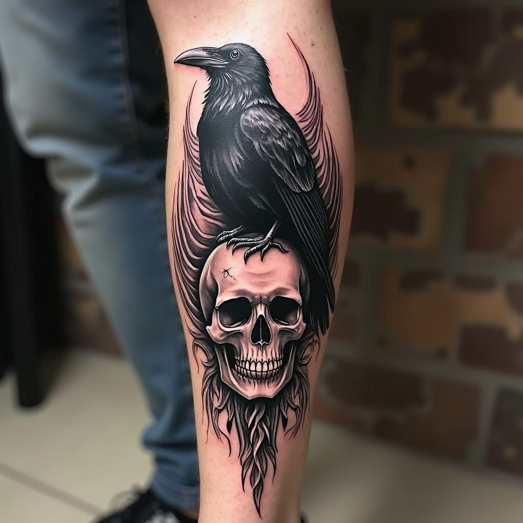 Tribal Raven Perched on Skull Tattoo