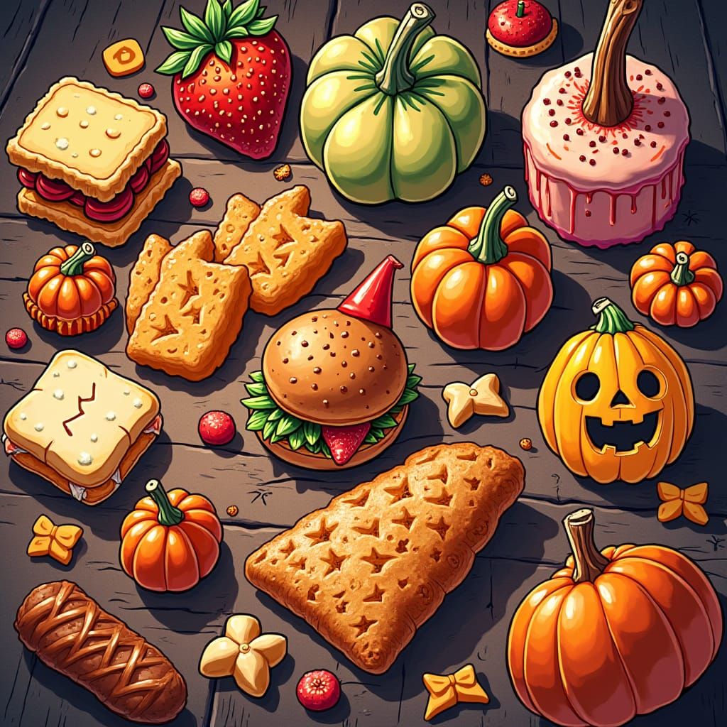 Colorful Manga Halloween Snacks: Comic Book Style Illustrati...