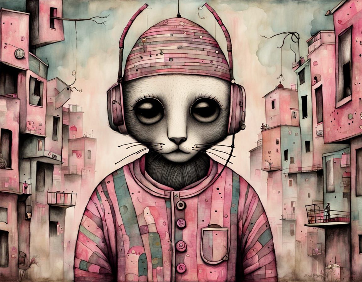 Whimsical Lowbrow Art: Pink Pajamas in Muddy Colors