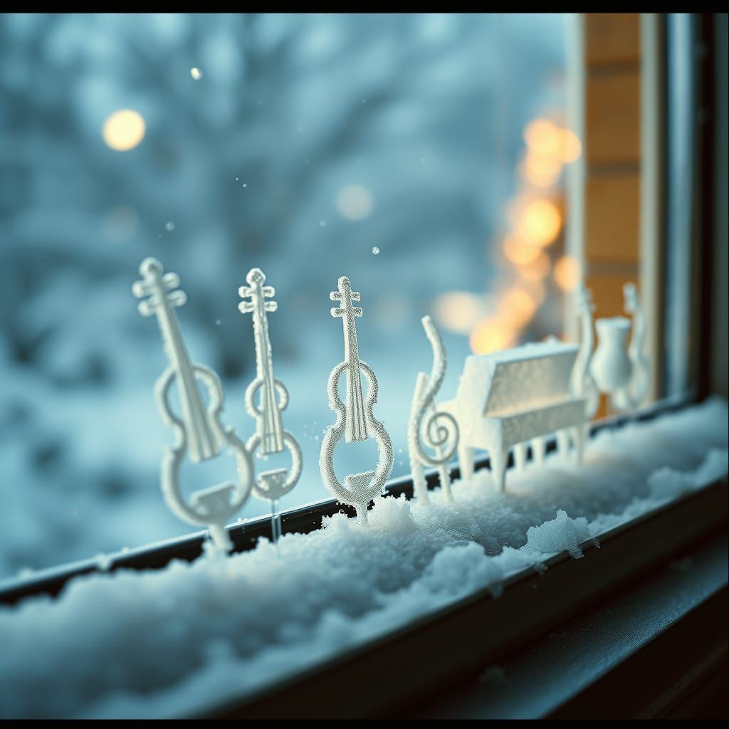 Musical Instrument Snowflakes on Windowsill in Photorealisti...