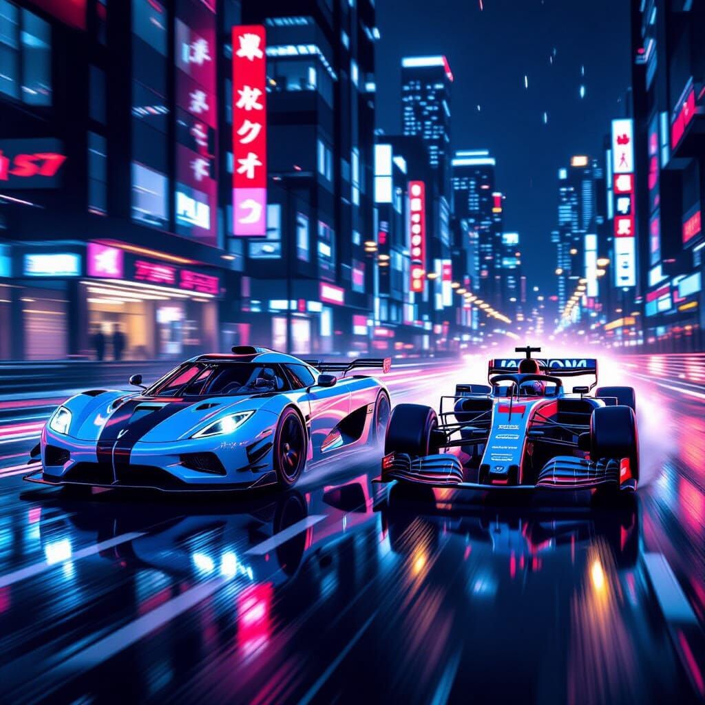 Koenigsegg and F1 Car Chase in Futuristic City