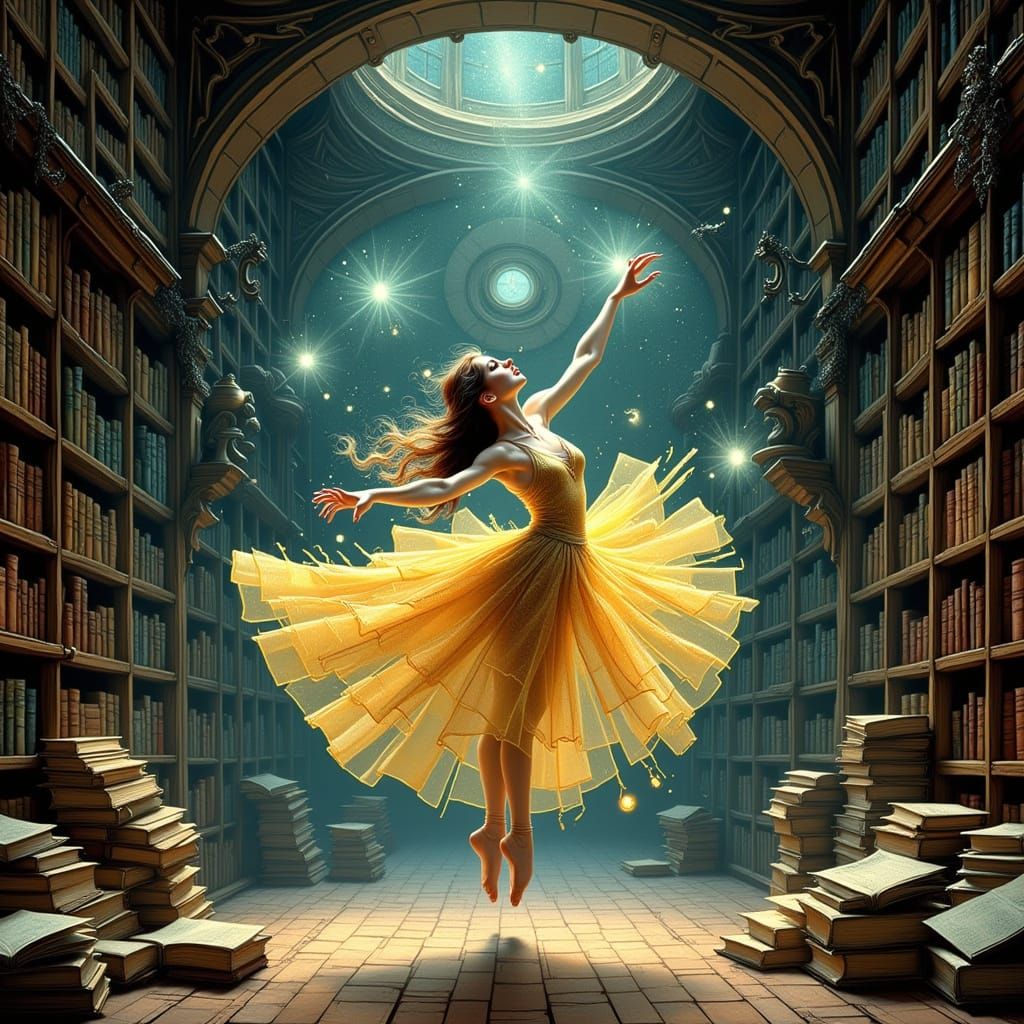 Ethereal Stardust Dancer in Ancient Library
