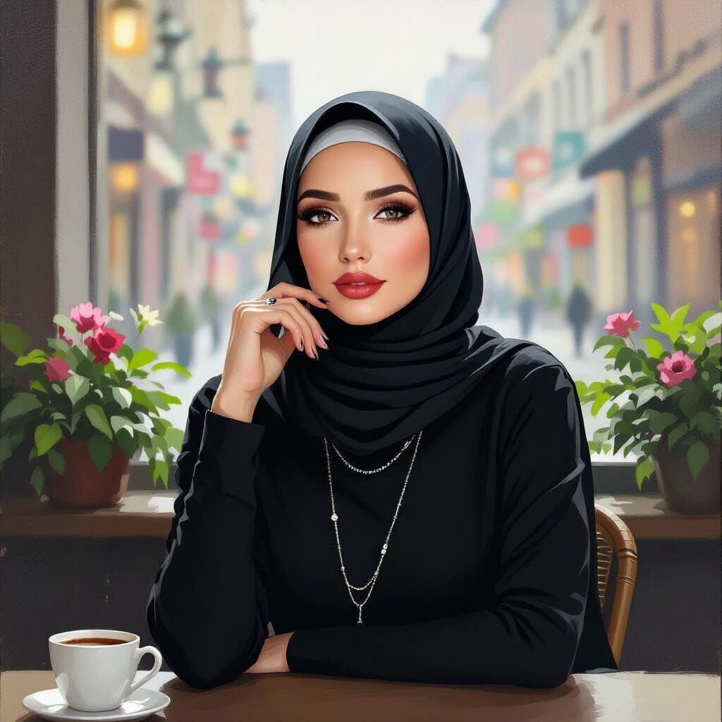 Minimalist Oil Painting Of Elegant Swedish Hijabi Woman