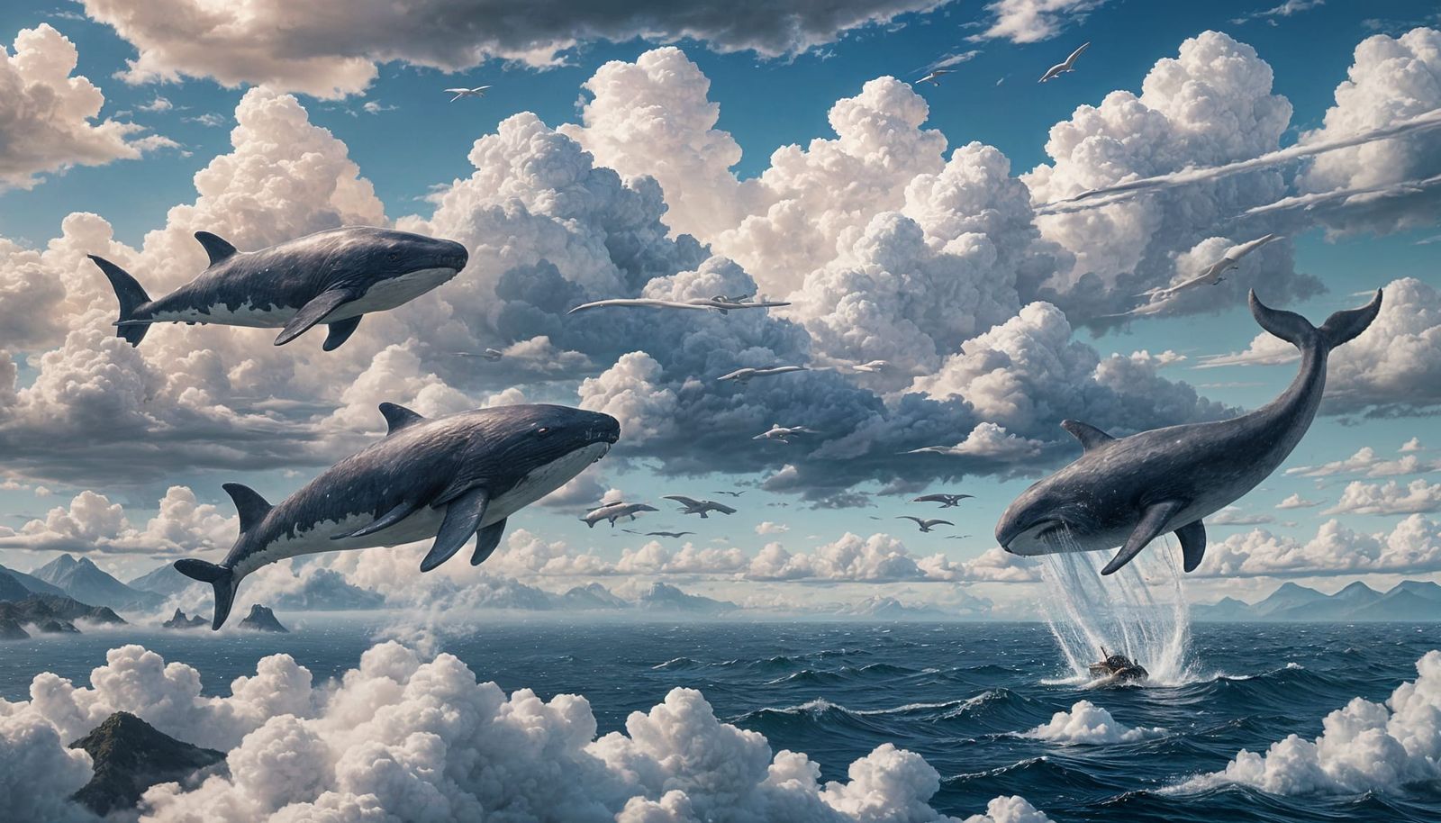 Sky Whales in Cloudy Anime Landscape