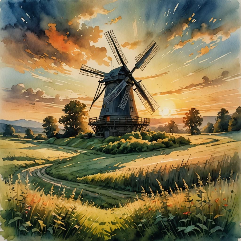 Giant Windmill in Meadow: Arthur Rackham Style