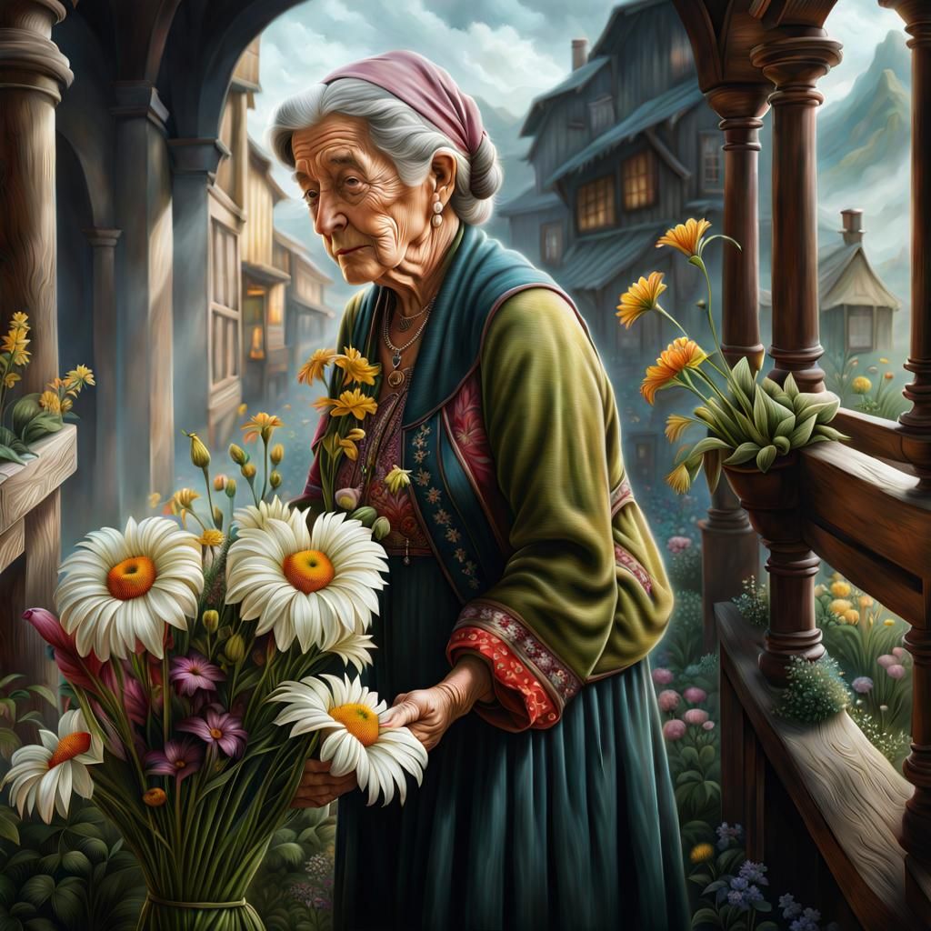 Hyperrealistic Portrait of Old Woman Holding Flowers