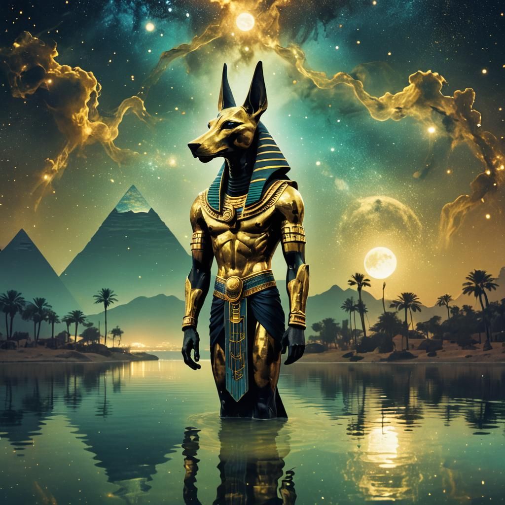 Anubis at Egyptian Lake Under Nebula Sky