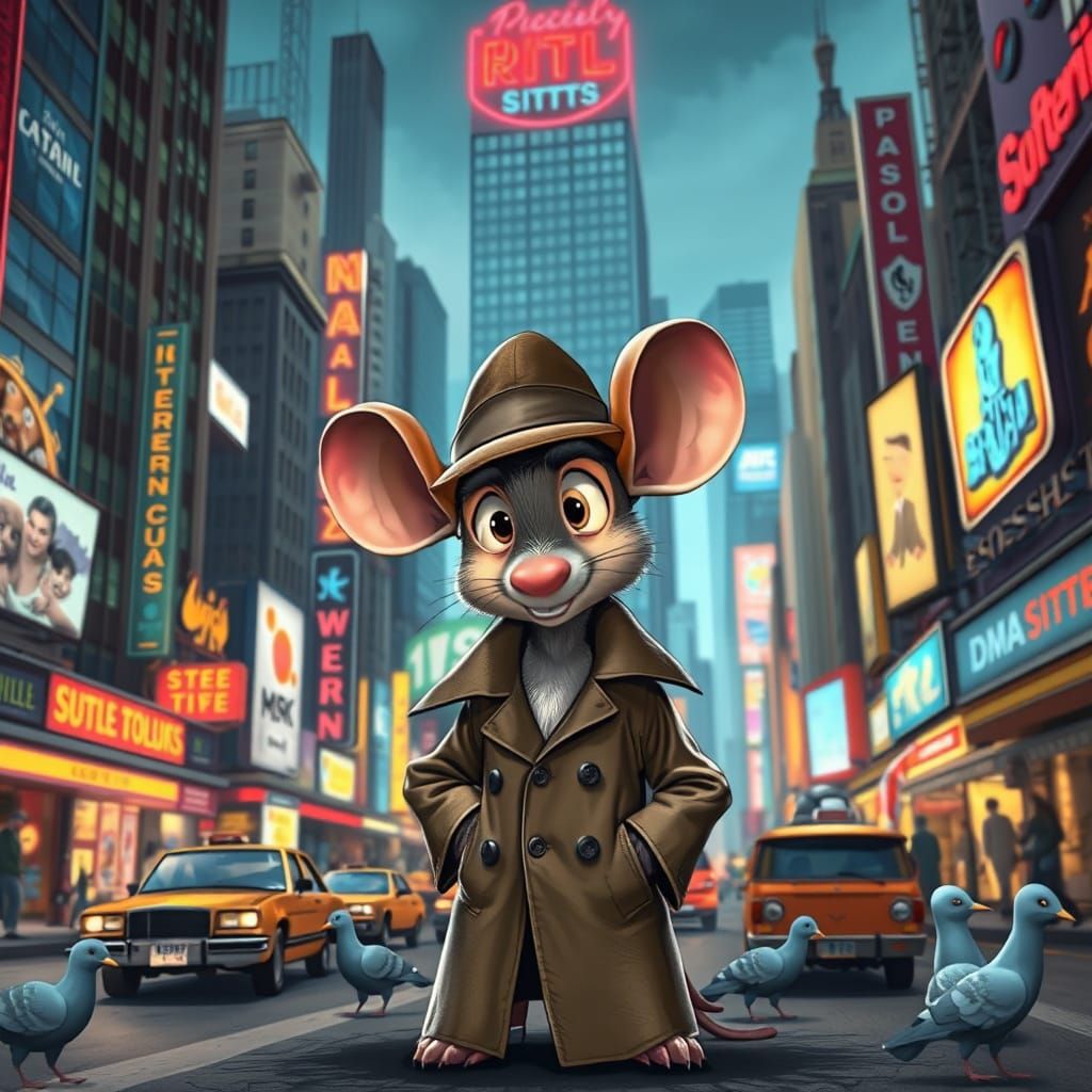 A comically spy mouse wearing a detective's hat and trench c...