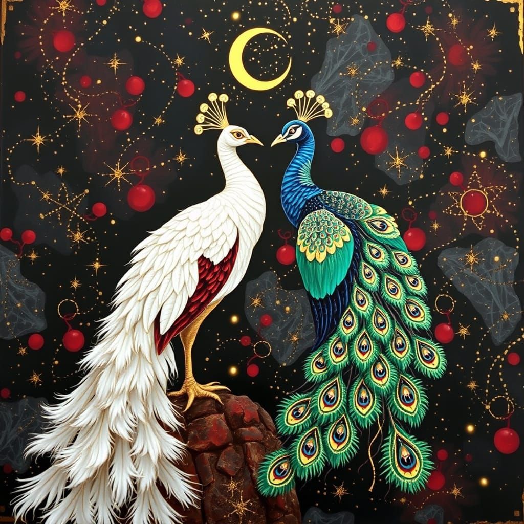 Luxurious Peacock Encounter Under Celestial Skies