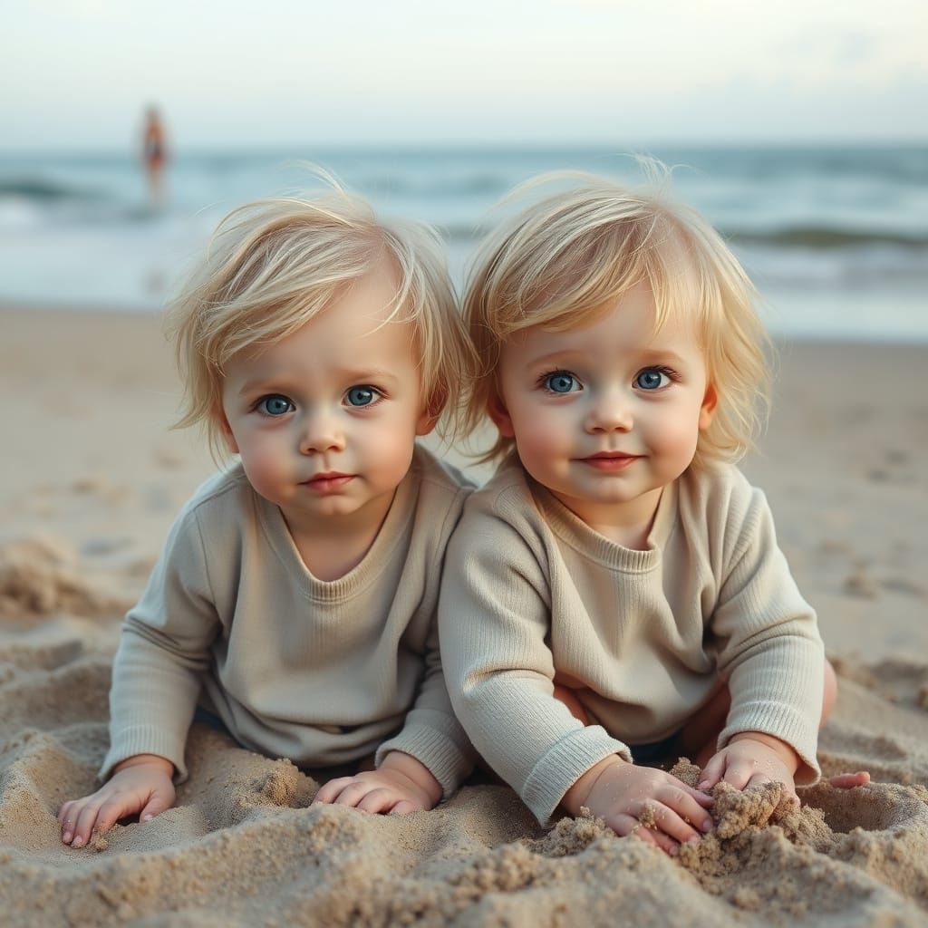 Blond Twins Playing on Beach in Photorealistic Style