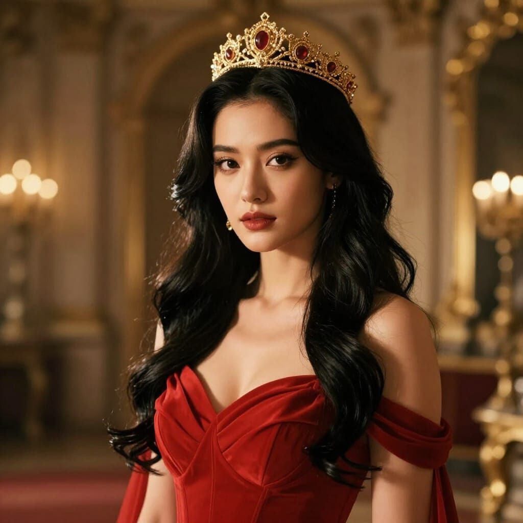 Regal Woman in Red Dress and Golden Tiara