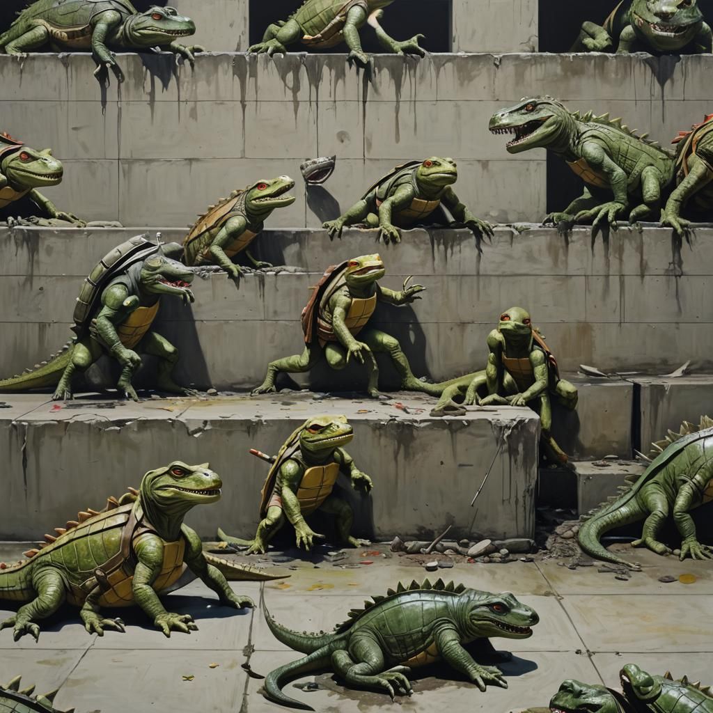 Ninja Crocodiles Action Painting in Brutalist Style