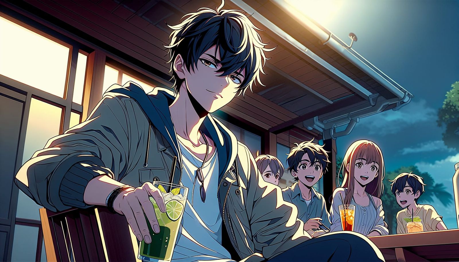 Charismatic Anime Youth Enjoys Patio Scene with Friends
