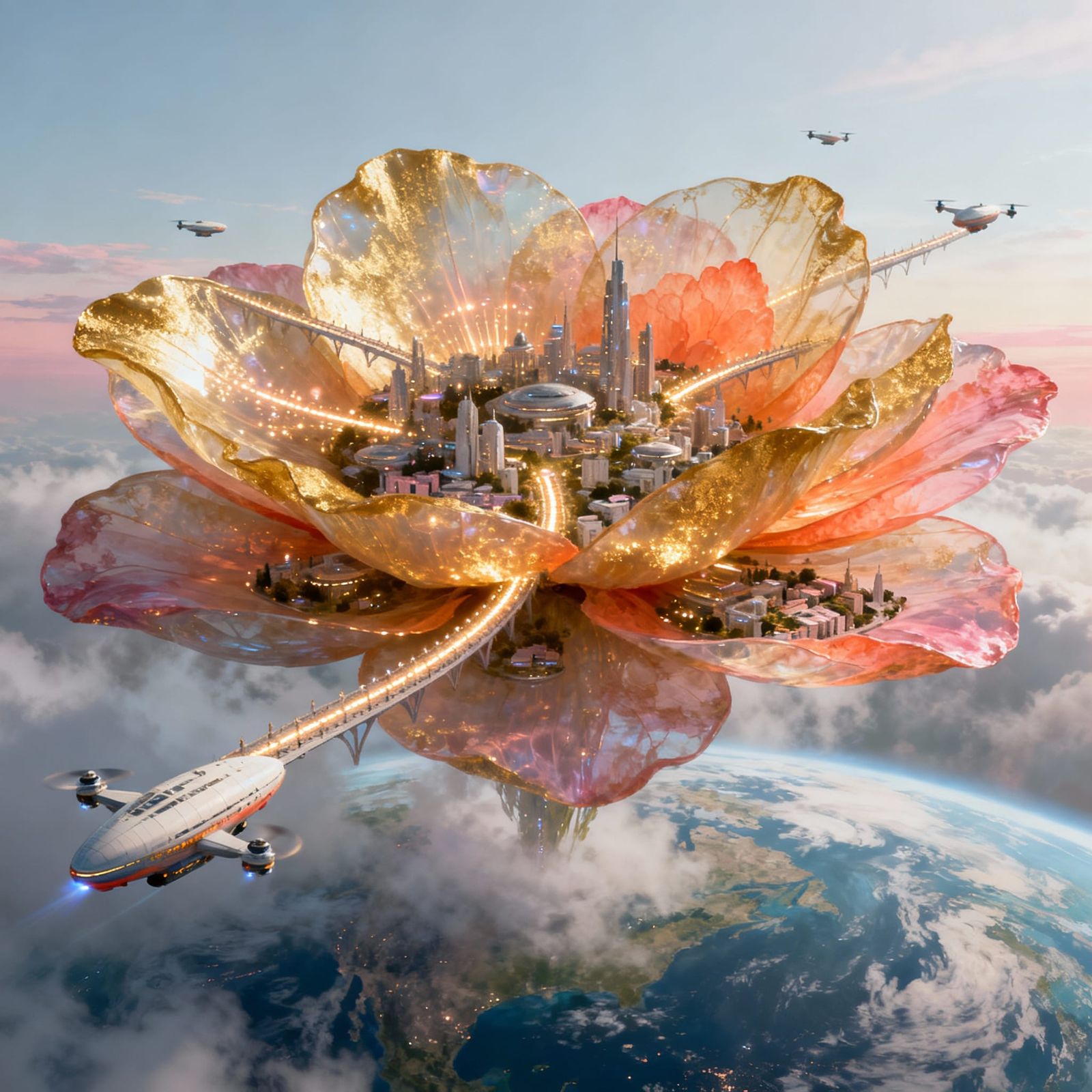Giant Glowing Flower Above Earth with Futuristic Cities