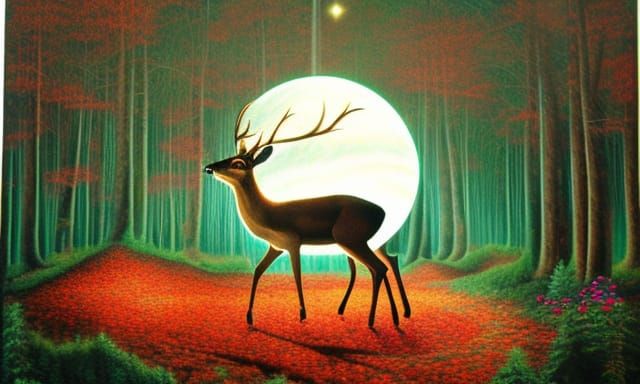 Woman-Deer Hybrid on Stargazing Platform in Surreal Style